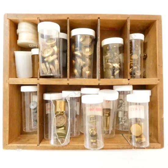 COLLECTION OF SMALL BRASS WEIGHTS, IN CONTAINERS ON TRAY